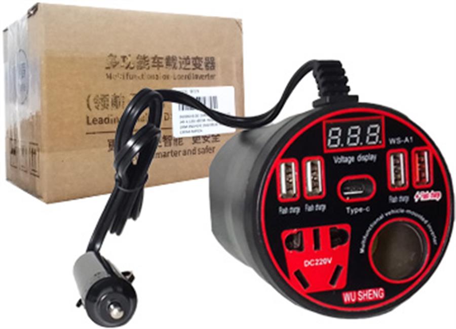 Inversor de Corriente WS-A1 de 12V/24V a 220V 4 USB 1 USB TIPO C 1 220V Hasta 200W Display Carga Rápida para Vehículo